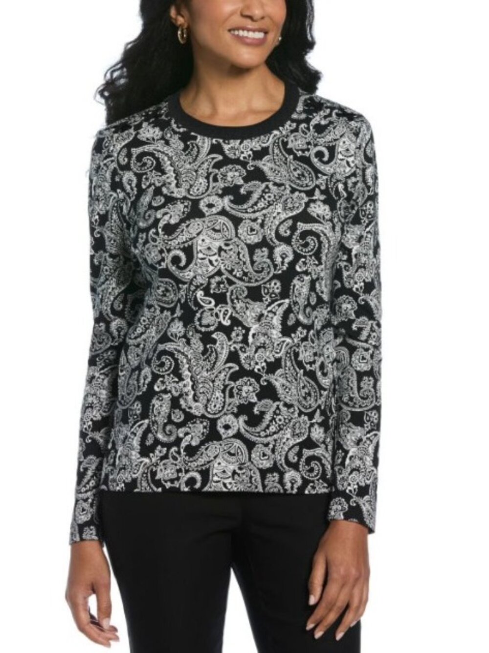 Rafaella Women's Long Sleeve Black & White Paisley Top-Size Large-NWT